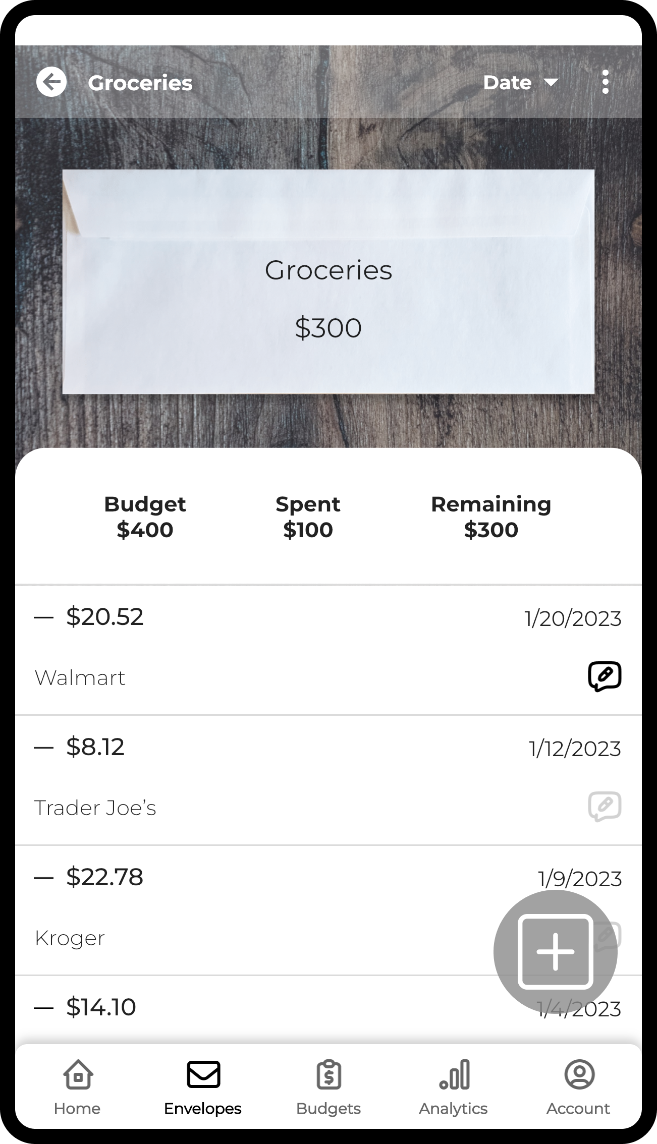 Envelope Budget App Transactions Screen